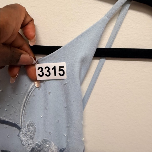 Baby Blue Elegant Floral Criss Cross Open Back Embroidered Gown - Picture 13 of 14